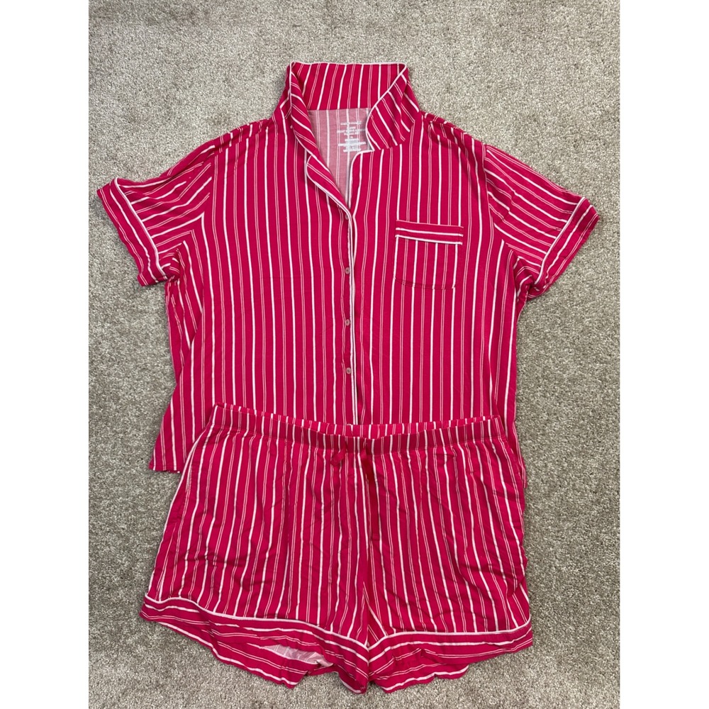 Auden Pink White Striped Pajama Set Short Sleeve Button Up Top and Shorts XL - Picture 1 of 5